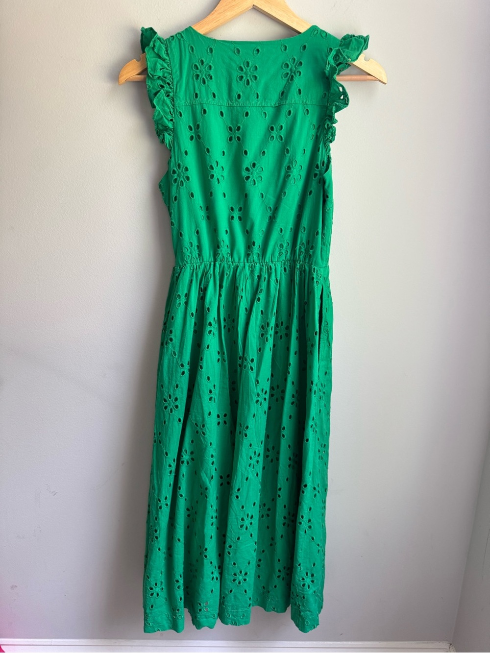 J. Crew Emerald Green Eyelet Midi Dress with Ruffle Sleeves Wedding Garden Party - Picture 8 of 10